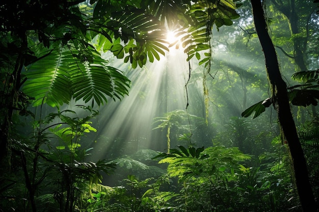 Verdant rainforest canopy with rays of sunlight streaming through