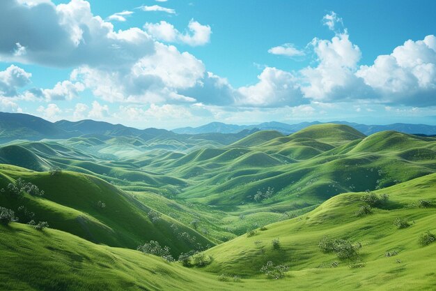 Verdant rolling hills under a vast blue sky