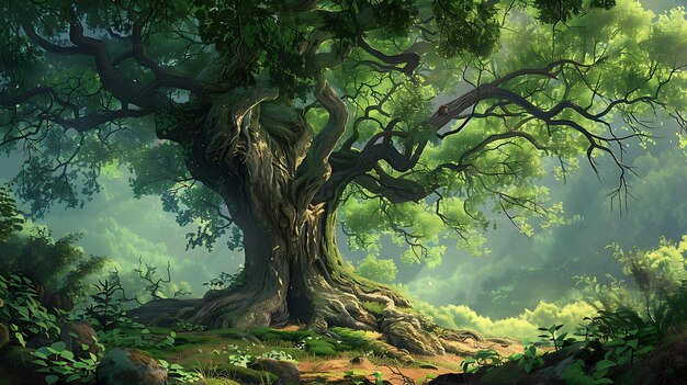 Verdant Sanctuary Ancient Tree in Lush Forest