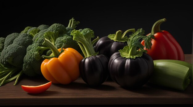 Verdant Symphony Vegetables on a Dark Background with Fiery Depth