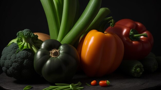 Photo verdant symphony vegetables on a dark background with fiery depth