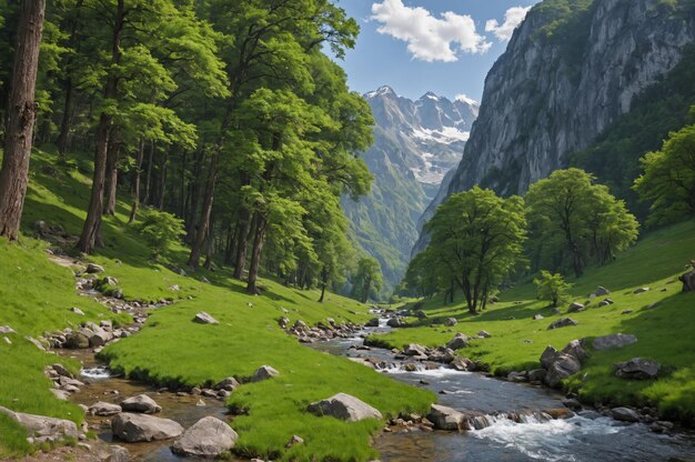 Photo verdant valley with bubbling creek