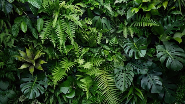 A verdant vertical garden wall flourishing with a variety of ferns and tropical plants