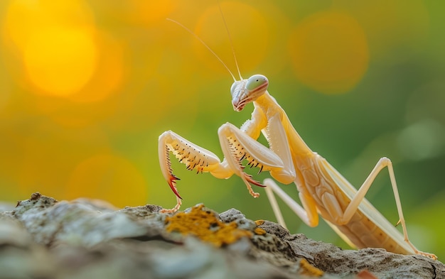 Verdedigende houding van de biddende mantis op een gouden achtergrond