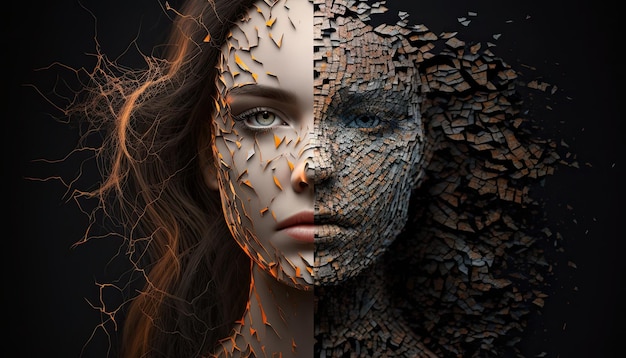 Verdeeld vrouwelijk gezicht voor fragmentatie gezicht half bipolaire stoornis concept vrouw dubbele persoonlijkheid
