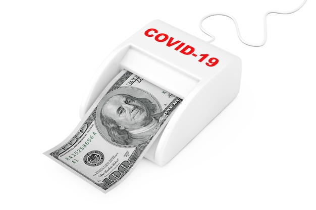 Verdien geld met het COVID-19-concept. Money Maker COVID-19 Machine met Dollars biljet op een witte achtergrond. 3D-rendering