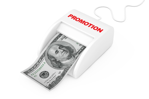 Verdien geld met Promo Concept. Money Maker Promotie Machine met Dollars biljet op een witte achtergrond. 3D-rendering