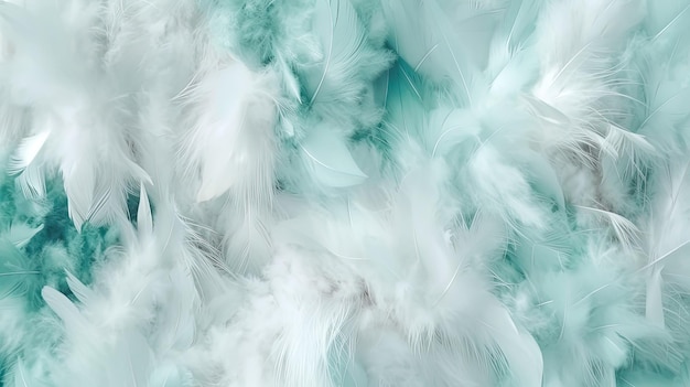 Verdigris and white soft feathers and fur pattern texture background Pastel green color fur and feathers pattern texture Close up generative AI