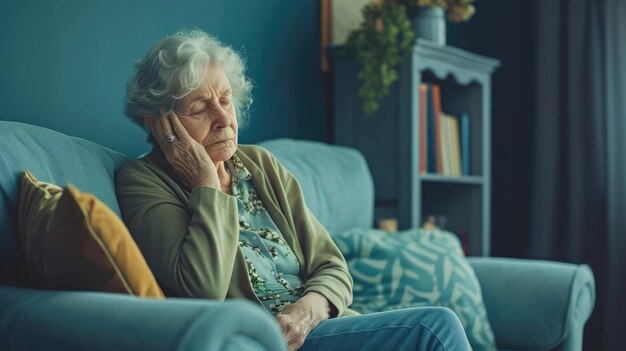 Verdrietig moe ziek ziek eenzaam teleurgesteld blanke oude oudere oudere vrouw grootmoeder zit op de bank bank