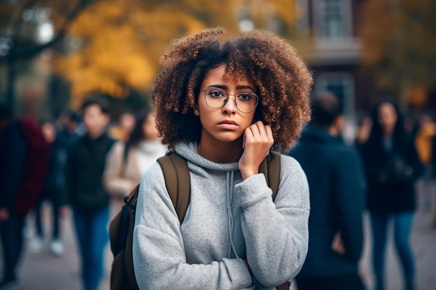 Verdrietig studentenmeisje staat op de achtergrond van universitaire AI gegenereerd