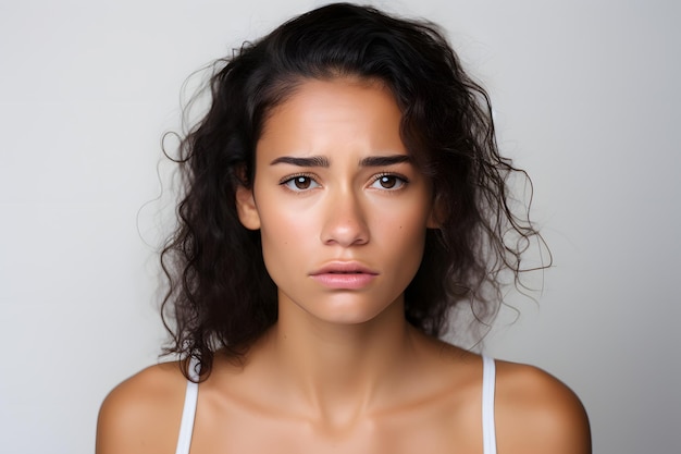 Verdrietige jonge volwassen Spaanse vrouw op een gebroken witte achtergrond Neuraal netwerk gegenereerd beeld