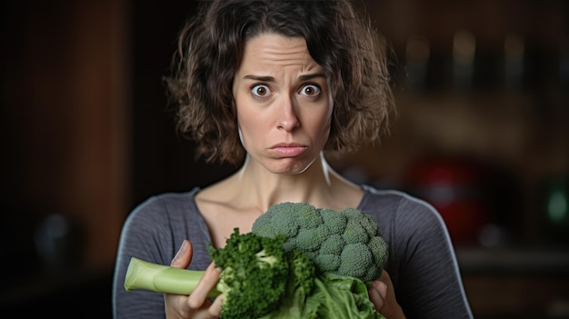 Verdrietige vrouw houdt broccoli vast terwijl ze op dieet is