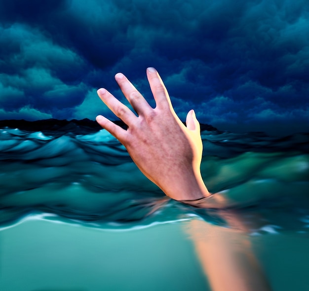 Verdrinkingslachtoffers, Hand van verdrinkende man die hulp nodig heeft. 3D illustratie