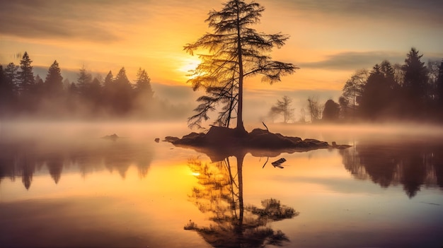 Verdwaal in de schoonheid van de natuur met deze serene foto van een rustig meer bij zonsopgang gehuld in mist en omgeven door torenhoge bomen Generative ai