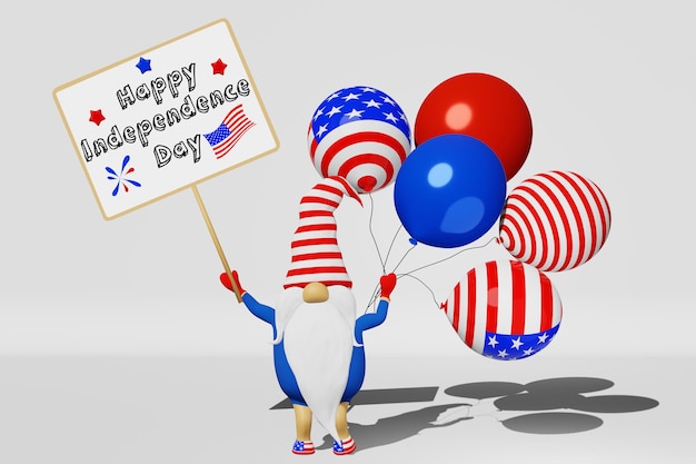 Verenigde Staten Onafhankelijkheidsdag gnome hoed met uithangbord ballonnen 3D render 4 juli nationale USA