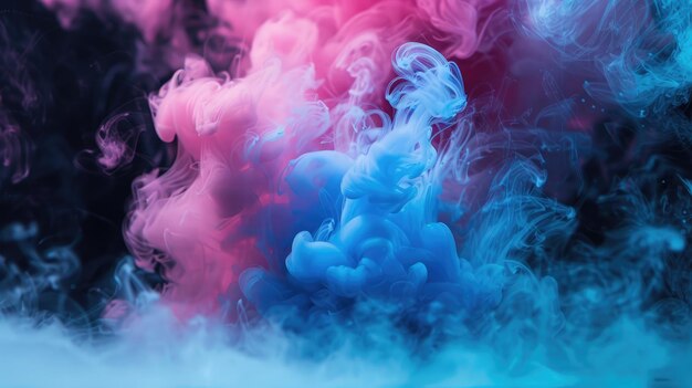 Verfdruppel in water Bewegingskleur explosie rook Blauwe roze kleur vloeistof spetterende damp wolk op glitter stof textuur zwarte abstracte kunst achtergrond