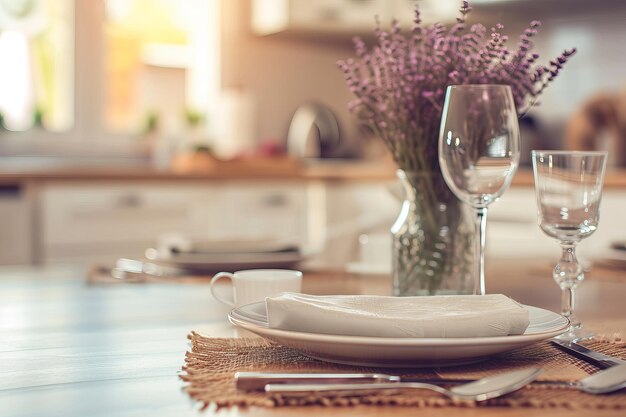 Verfijnde keukentafel versierd met bloemenboeketpatroonplaten en een zachte warme lichte sfeer