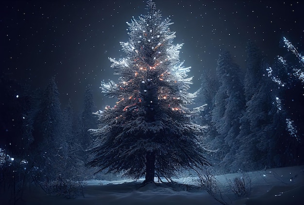 Verfraaide betoverde kerstboom met verlichting gloeiende verlichting op besneeuwde winterachtergrond Vakantie- en festivalconcept Generatieve AI