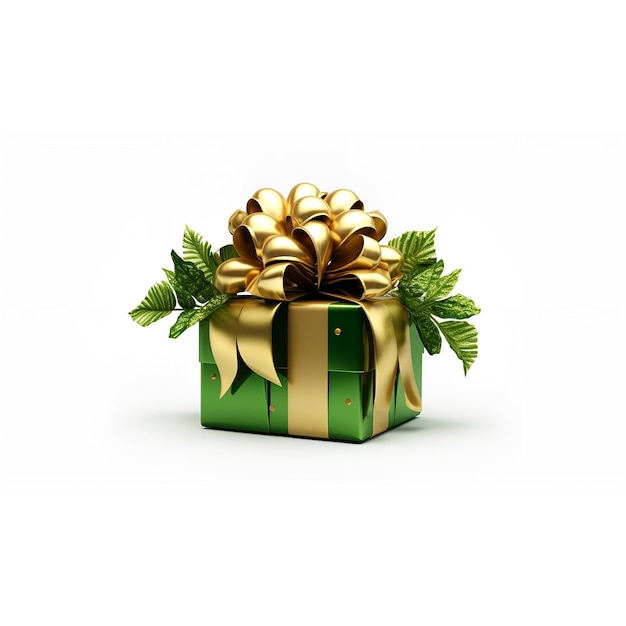 Verfraaide groene kerstcadeaudoos met gouden lint op witte achtergrond