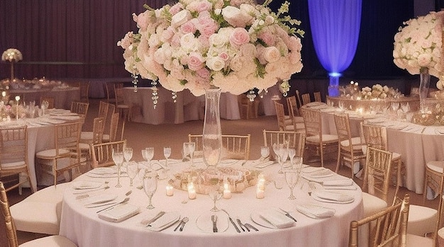 Verfraaide huwelijkszaal met kaarsen ronde tafels en centerpieces