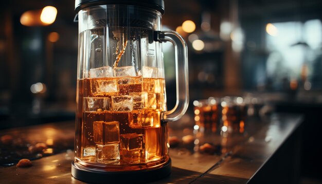 Foto verfrissend drankje gegoten in een schuimig glas op een houten tafel, gegenereerd door kunstmatige intelligentie