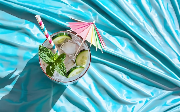 Verfrissend drankje met ijsmunt en komkommer op een blauwe achtergrond het concept van het stillen van de dorst in de zomer plat lag bovenkant