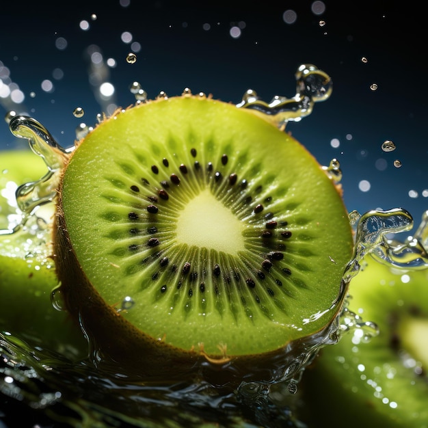 Verfrissend genot Spattende waterdruppels op een gesneden Kiwi Generatieve Ai