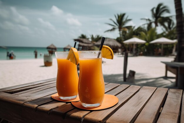 Verfrissend strandsap met kristalhelder water en palmbomen op de achtergrond Generatieve AI