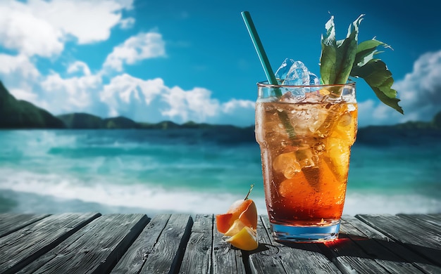 Verfrissend zomer drankje met ijs op de achtergrond van de zee vakantie tijd koele frisdranken