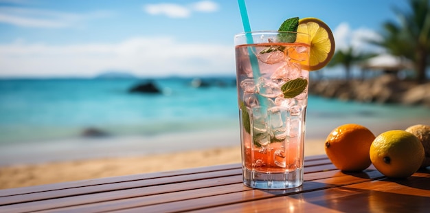 Verfrissend zomer drankje met ijs op de achtergrond van zee vakantie tijd Koele frisdranken AI gegenereerd