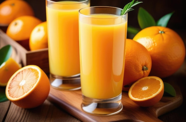 verfrissend zomer drankje twee glazen vers geperst sap op een houten tafel verse sinaasappels