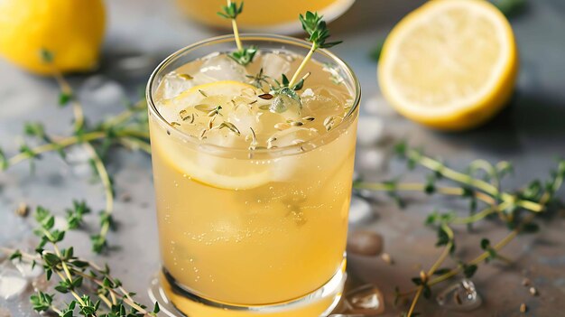 Verfrissend zomerdrank met citroen en tijm Een glas limonade met citroensnijden en tijm takjes op een lichtblauwe achtergrond