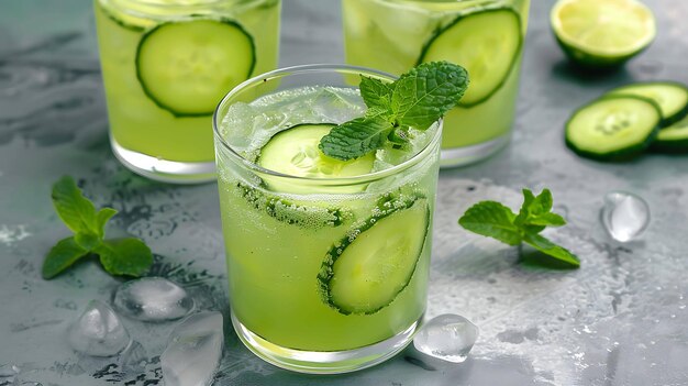 Verfrissend zomerdrank met komkommersnijden en muntbladeren in een glas op een grijze tafel