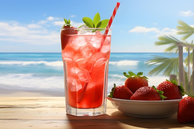 Verfrissend zomers drankje met aardbeien limoen en munt op het strand