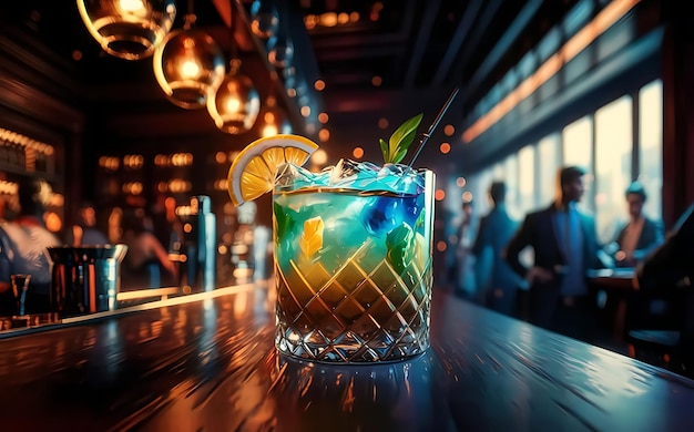 Verfrissende cocktail in een verlichte bar's nachts