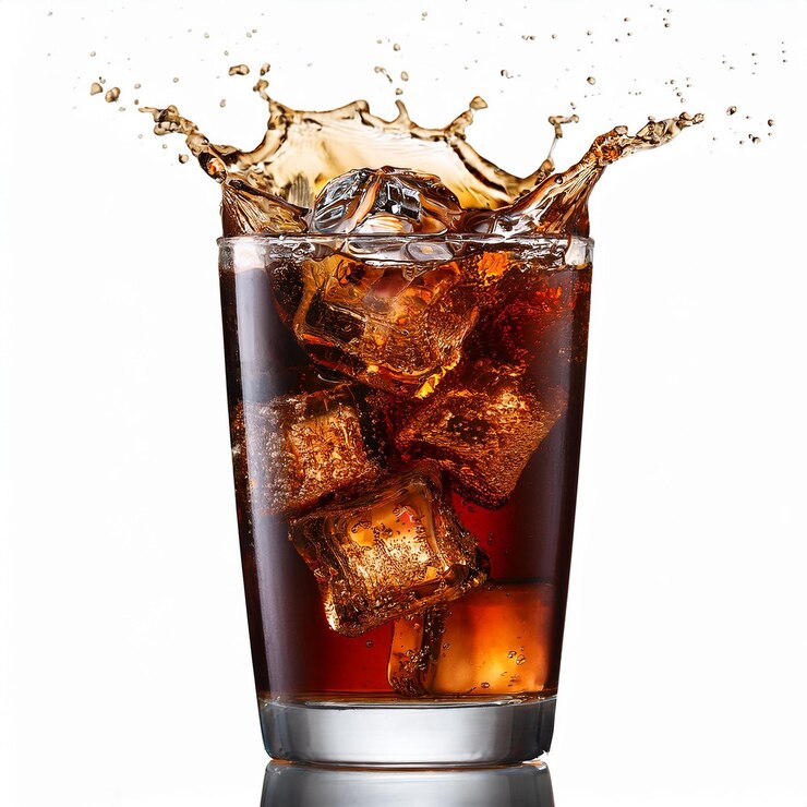 Foto verfrissende cola drank in een glas met ijsblokjes spetteren