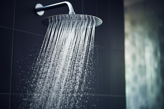 Verfrissende douche met waterspruit Water dat stroomt uit het douchekopje en de kraan in een moderne badkamer