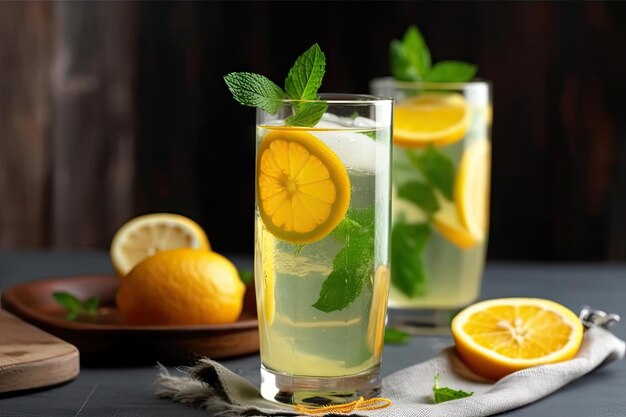 Verfrissende drank met schijfje citrus en munt gemaakt met generatieve AI