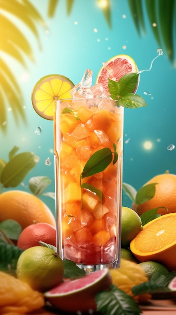 Verfrissende dranken met fruit garnish met tropische vruchten rond Water spetterend effect.