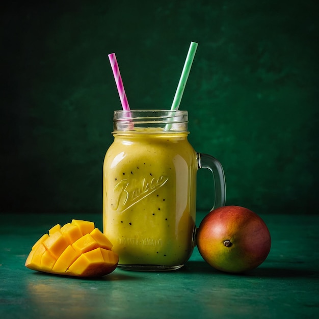 Verfrissende en gezonde mango smoothie in een glas met vers fruit op stenen achtergrond