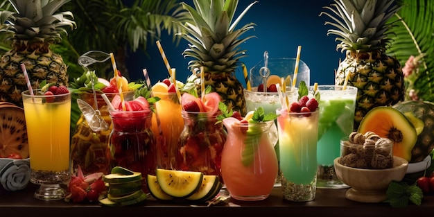 Verfrissende en kleurrijke mocktailbar met funky rietjes en exotische fruitgarnissen Generative ai