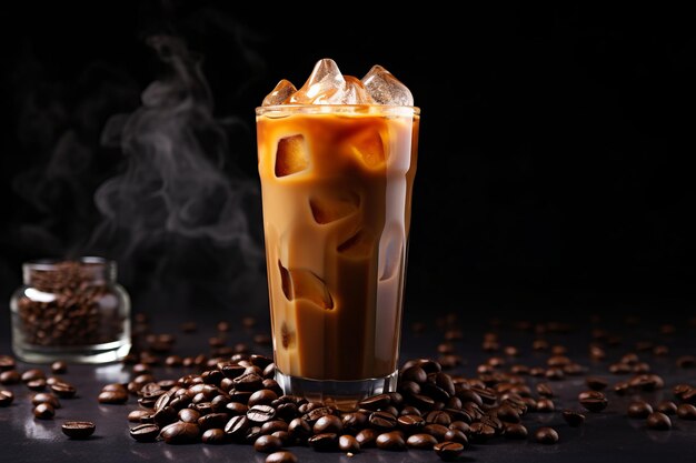 Verfrissende genot Creamy Iced Coffee Delight versierd met koffiebonen op een lichte zomer achtergrond