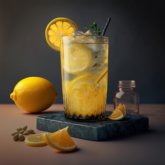 Verfrissende huisgemaakte limonade van schijfjes citroen bruisend water geserveerd in glas Generative AI