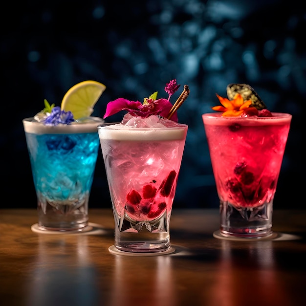 Verfrissende kleurrijke cocktails versierd met fruit en bessen