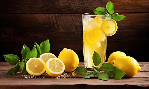 Verfrissende limonade met verse schijfjes citroen op een rustieke houten tafel Gekoeld citroendrankje Gemaakt met generatieve AI-tools