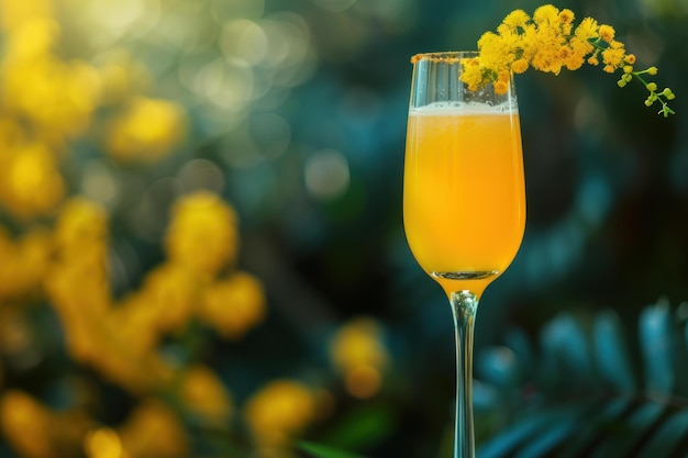 Foto verfrissende mimosa cocktail met bloeiende achtergrond