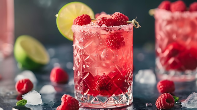 Verfrissende raspberry cocktail met limoen wig en ijsblokjes op een donkere achtergrond