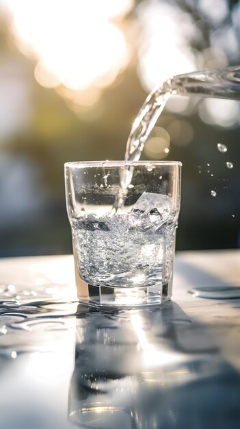 Verfrissende stroom van kristalhelder water in een glas