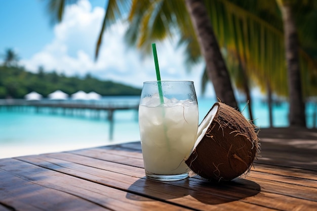 Verfrissende tropische kokosnootcocktail met stro op een strand Generatieve AI