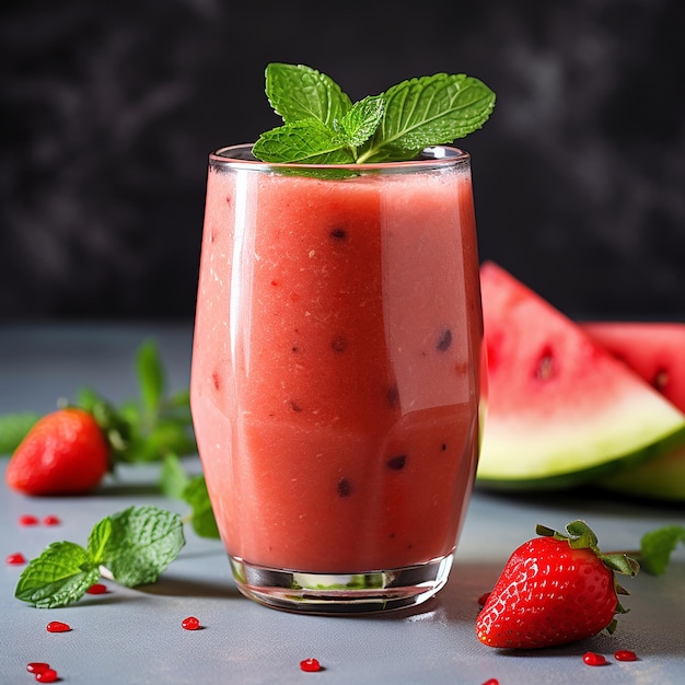 Verfrissende watermeloen aardbeien smoothie in een glas met vers fruit achtergrond perfecte zomer Dr.